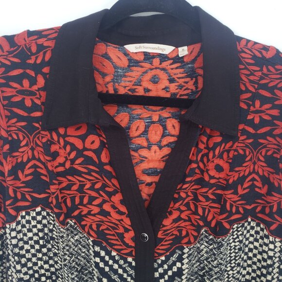 Soft Surroundings Button Down Shirt M Abstract Floral Vine Long Sleeve Red Black - Picture 6 of 7